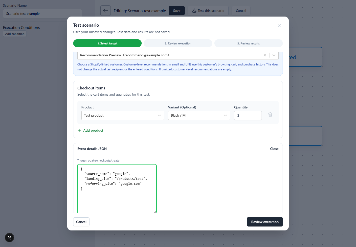 Example of entering a checkout source in automation test event details JSON