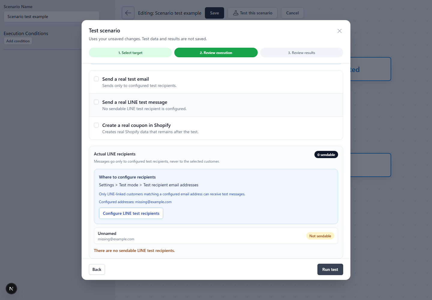Screen where LINE test sending cannot be selected because no LINE test recipient is available