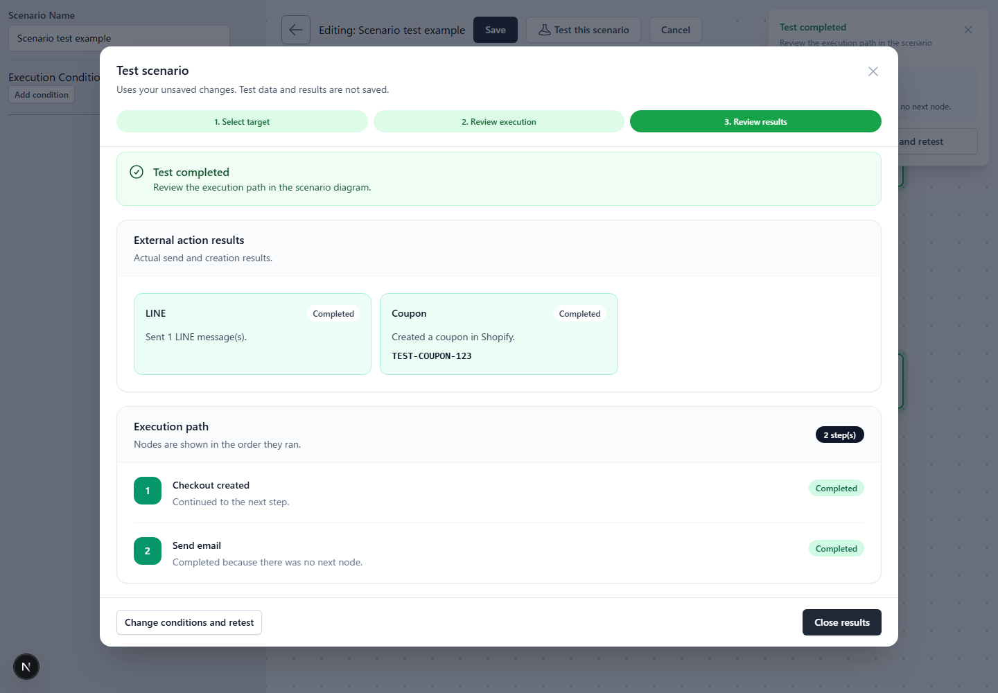 Automation test execution path and completion result for each node