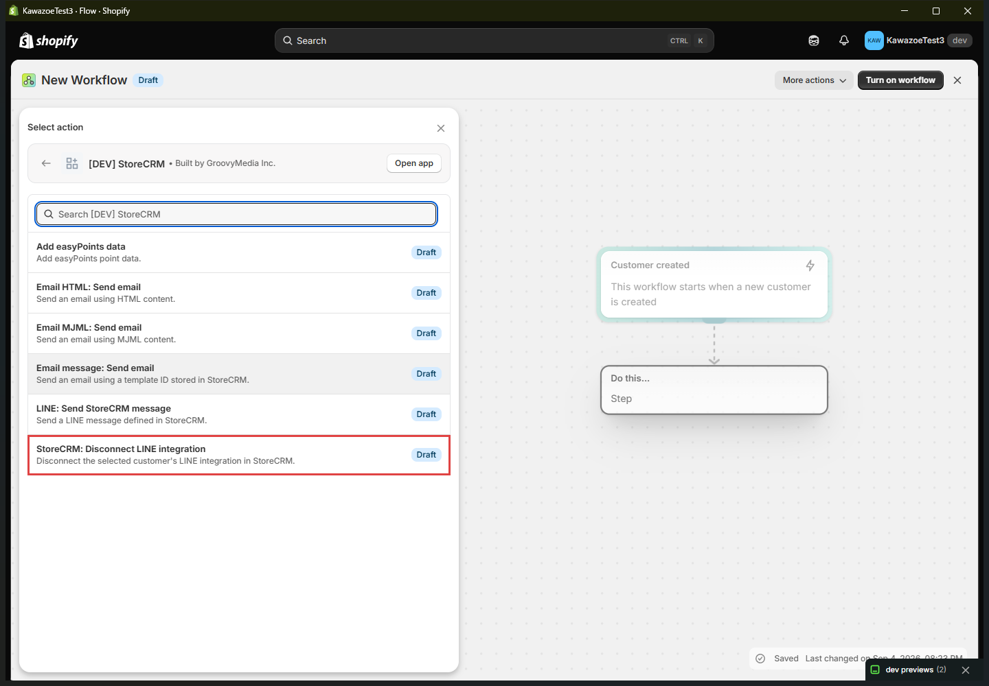 Selecting Disconnect LINE from the StoreCRM action list in Shopify Flow