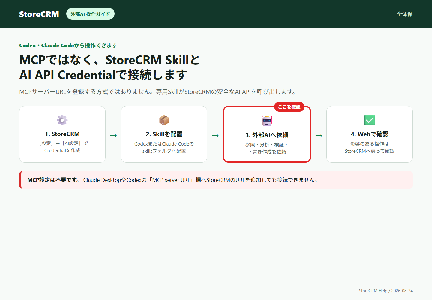 MCPではなくStoreCRM SkillとAI API CredentialでCodex・Claude Codeへ接続する全体像