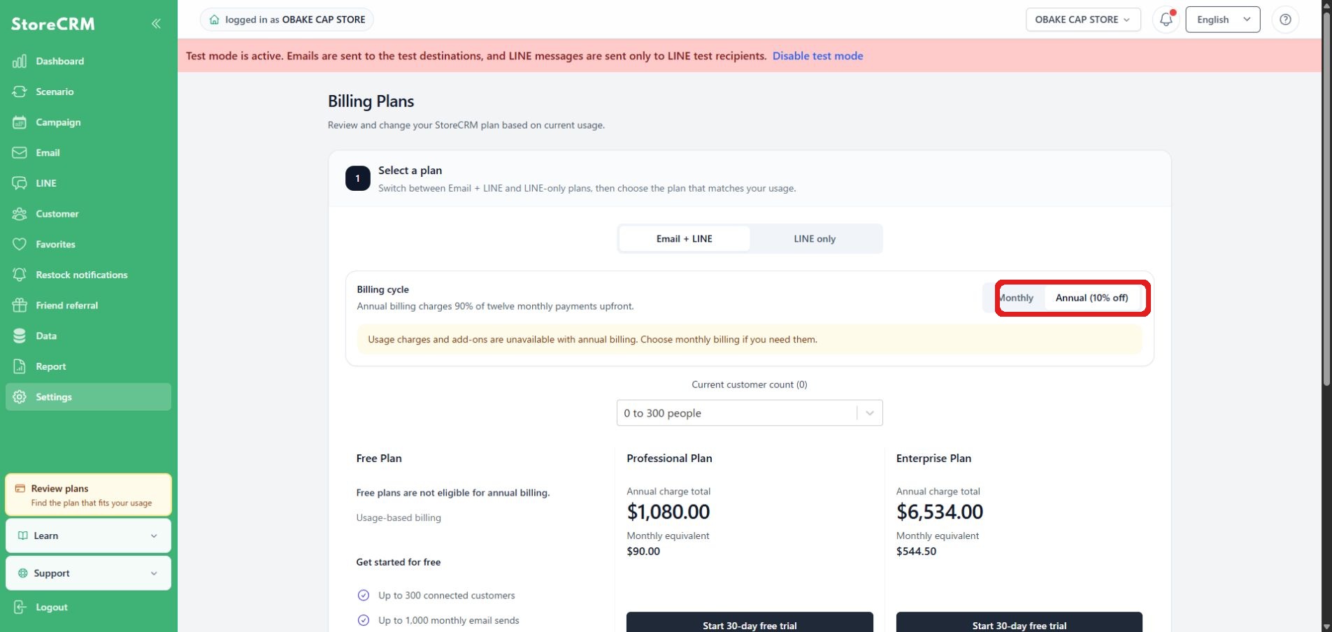 Choose a plan, including annual billing