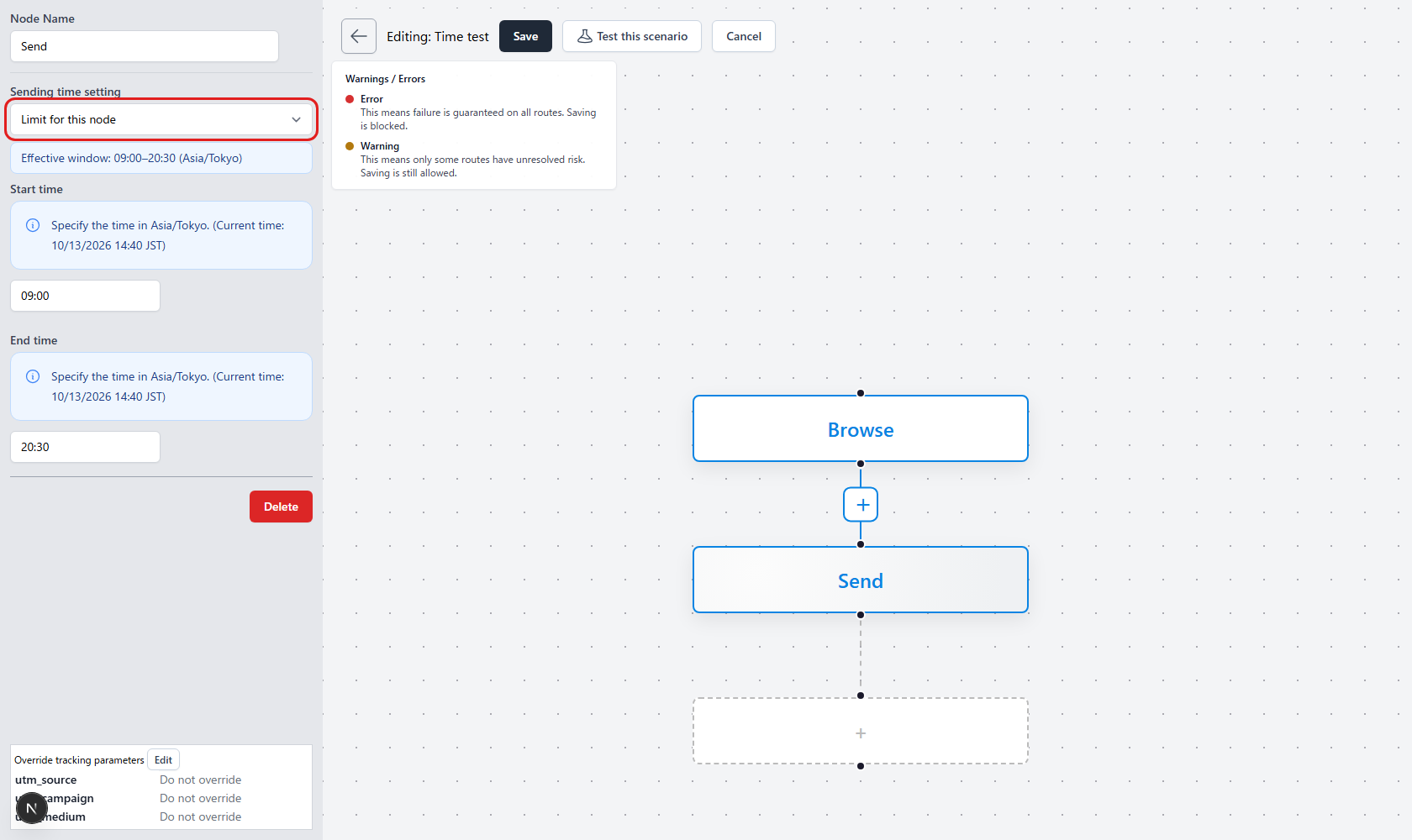 Configure the dedicated node’s sending hours. The red box marks the setting selector.