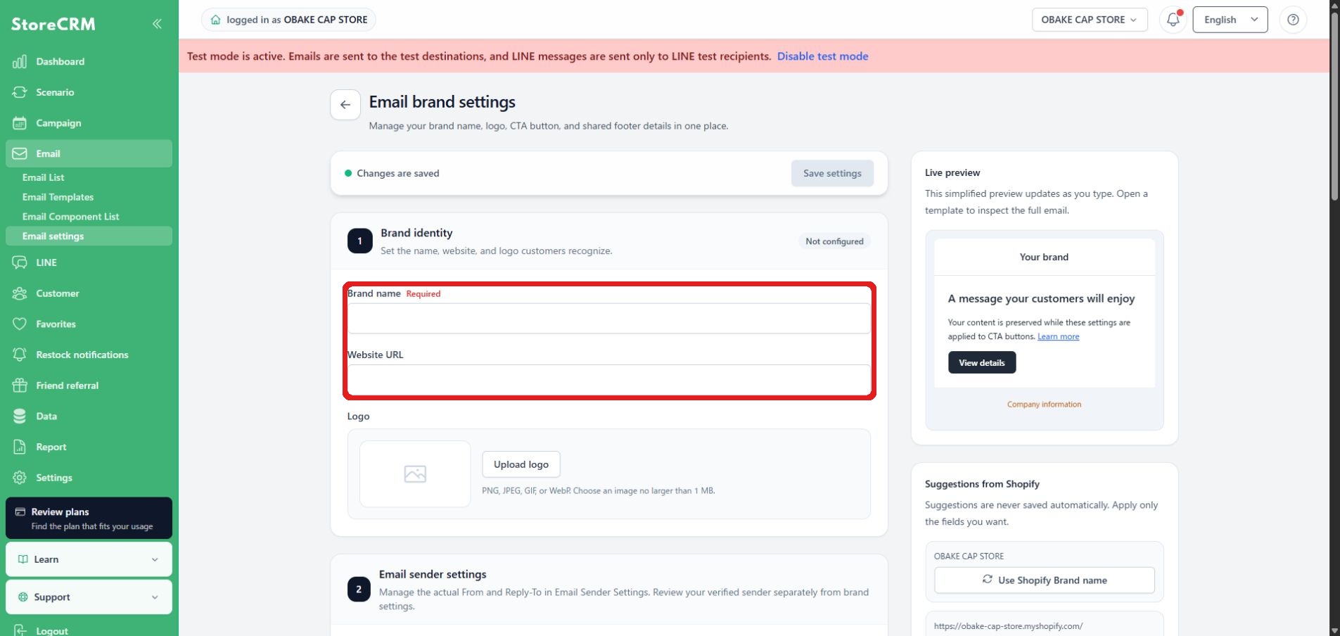 Set the brand name and website URL
