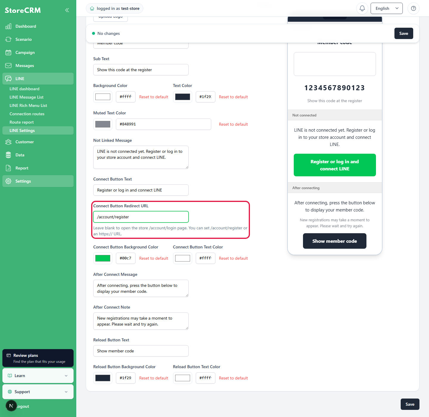 Connect button URL setting for a LINE member card before connection
