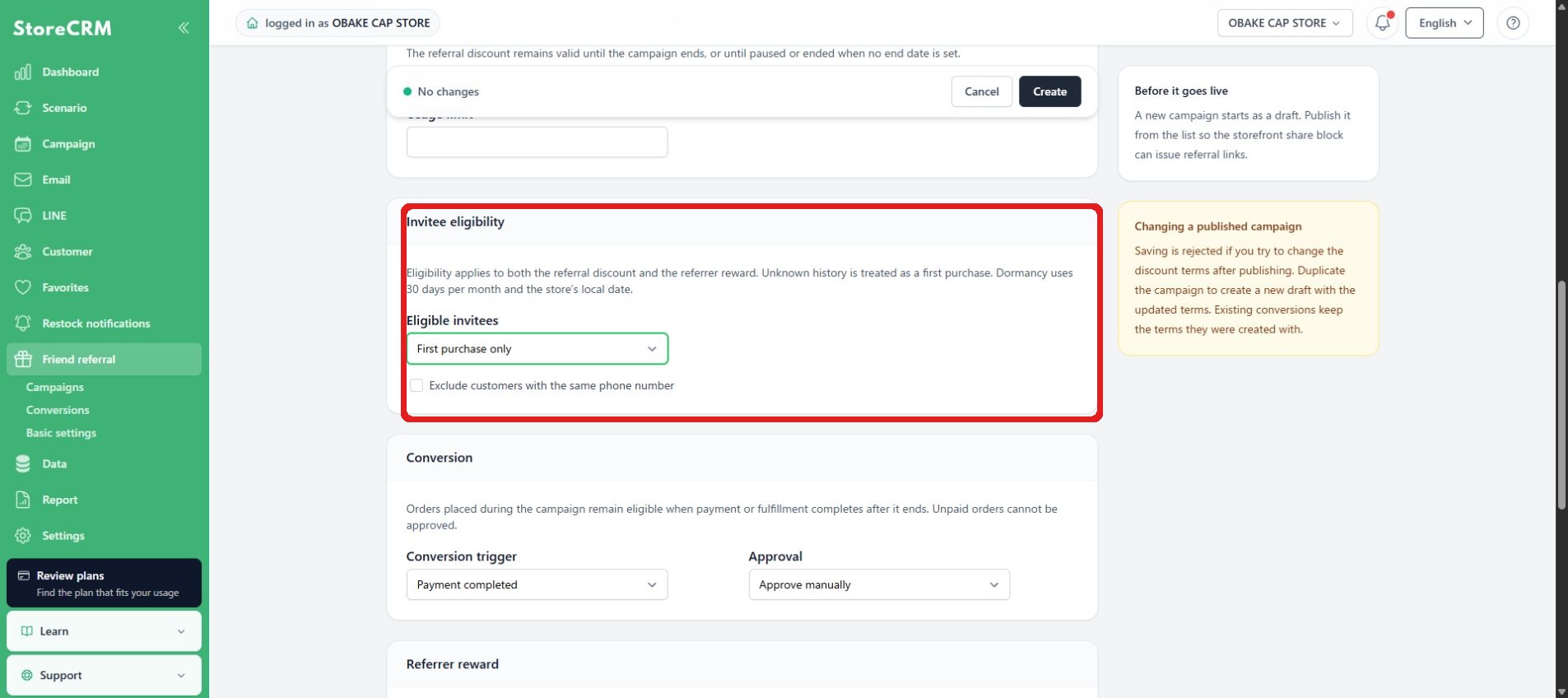 Configure referrer and invitee eligibility.