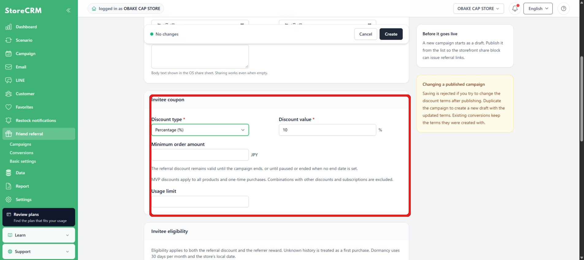 Configure the invitee coupon