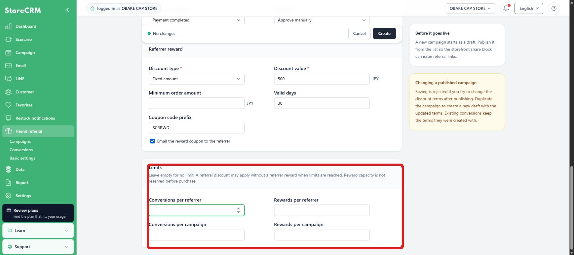 Set per-referrer and campaign limits