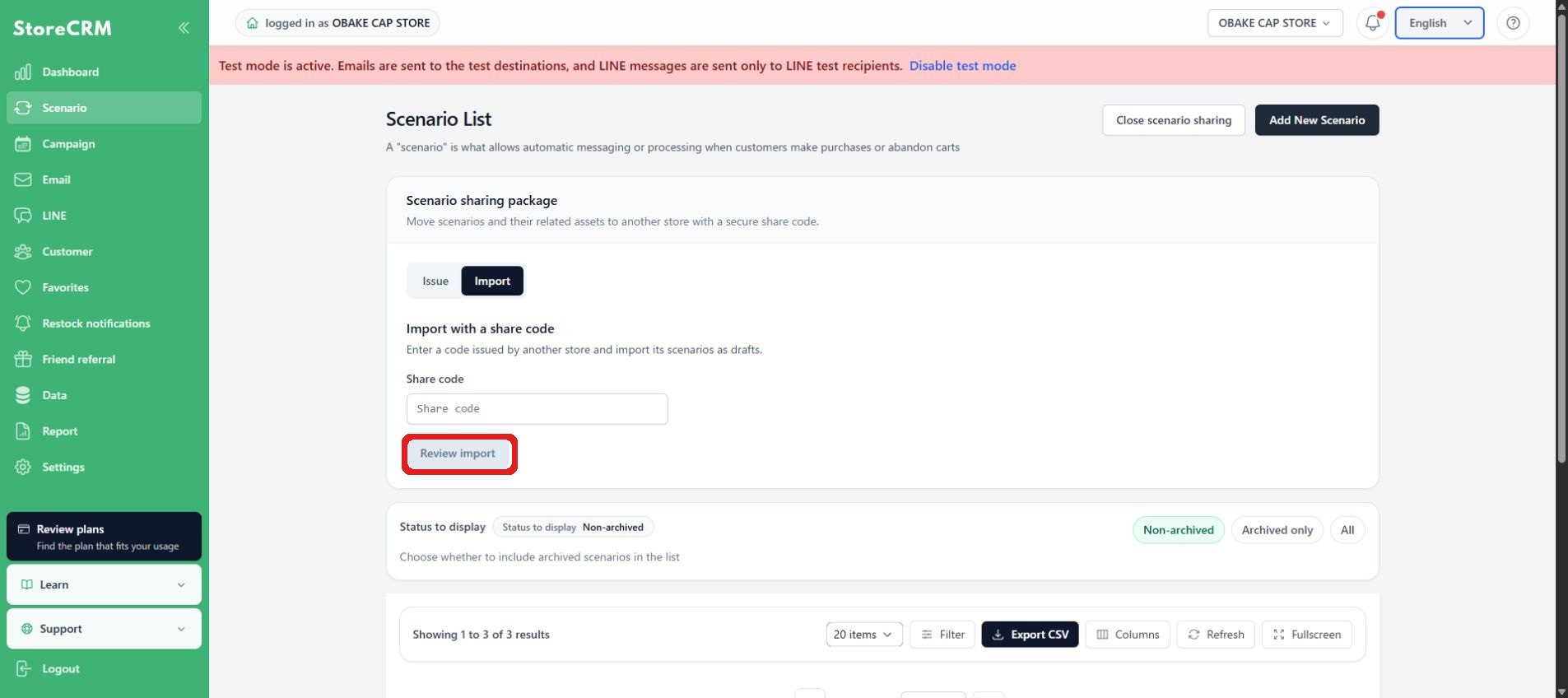 Enter the share code and click Review import contents