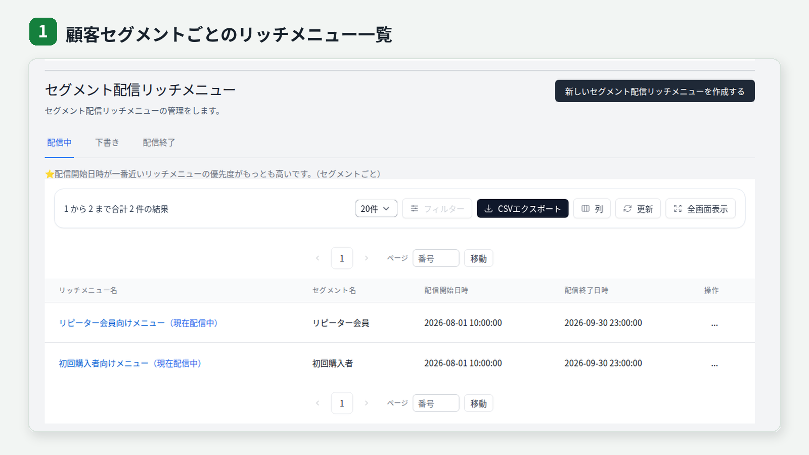 StoreCRMの実際の管理画面でリピーター会員や初回購入者などの顧客セグメントごとにリッチメニューを管理する様子
